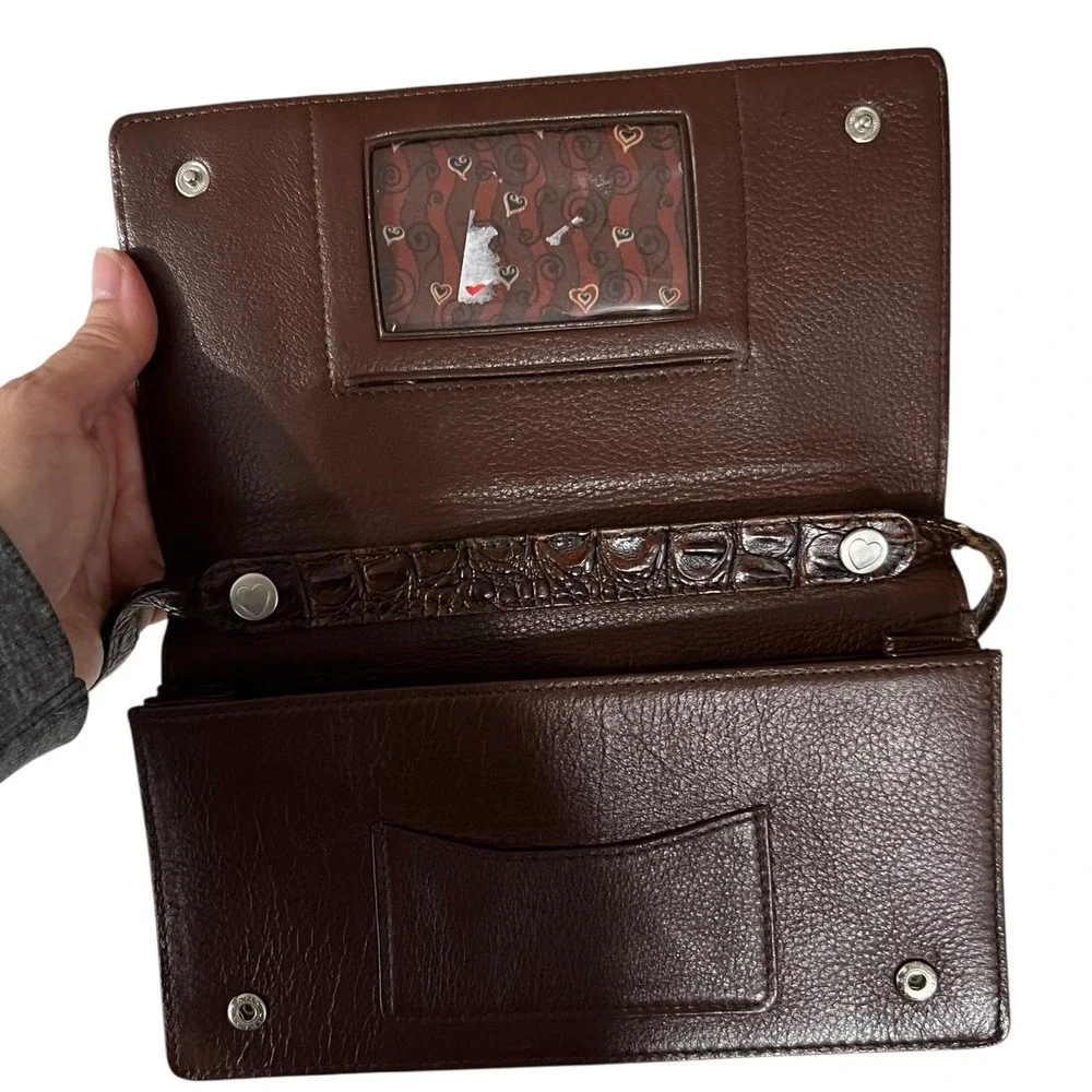 Brighton Brown Croc Embossed Leather Crossbody Shoulder Bag Silver‎ Hardware